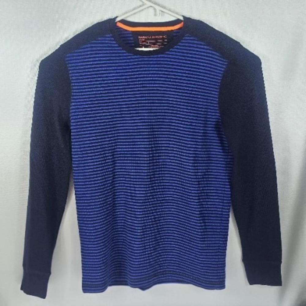 BANANA REPUBLIC‎ Sweater Mens Large Blue Striped Waffle Thermal Navy Long Sleeve